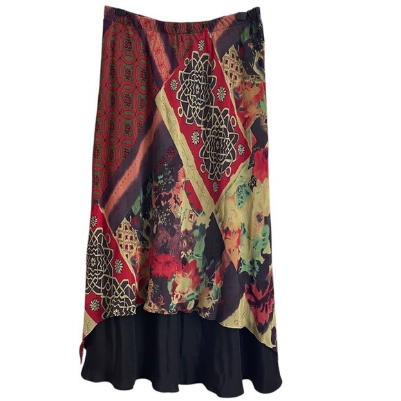 Gala Collection Womens Skirt Size L Boho Patchwork Floral Silk Asymmetrical Hem - Picture 2 of 9